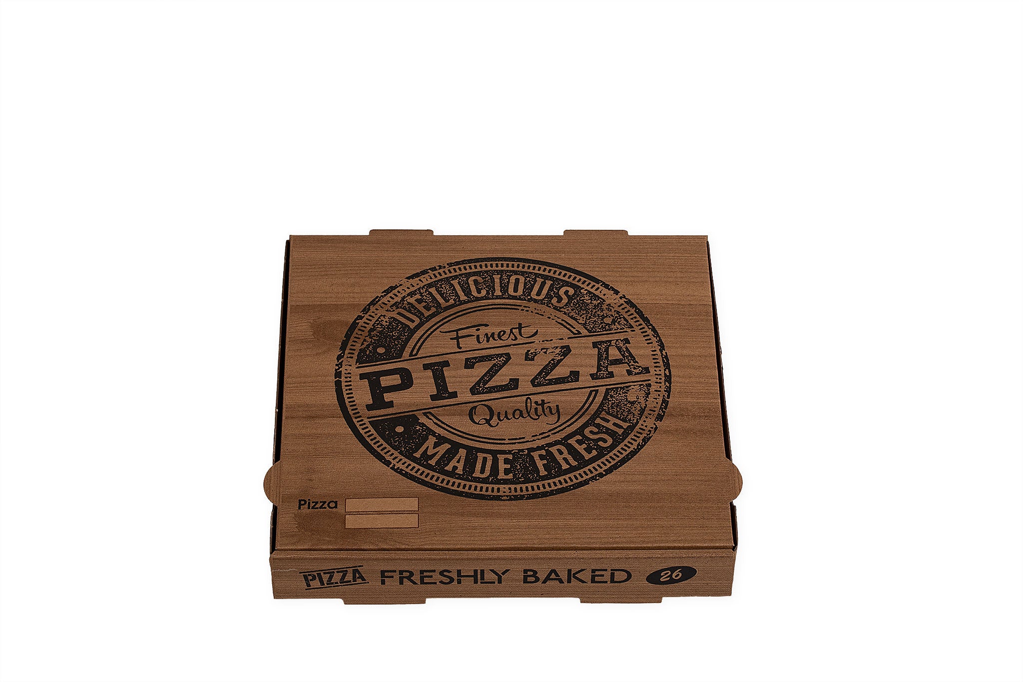 Auf dem Bild ist ein brauner 26er Pizzakarton in der Größe 26 x 26 x 4cm in der Draufsicht zu sehen. Aufgedruckt ist ein Logo welches einem Stempelabdruck ähnelt mit dem Text: "Finest Pizza Quality, Delicious Made Fresh". Vertrieben durch die Malik Verpackungen GmbH Hanau